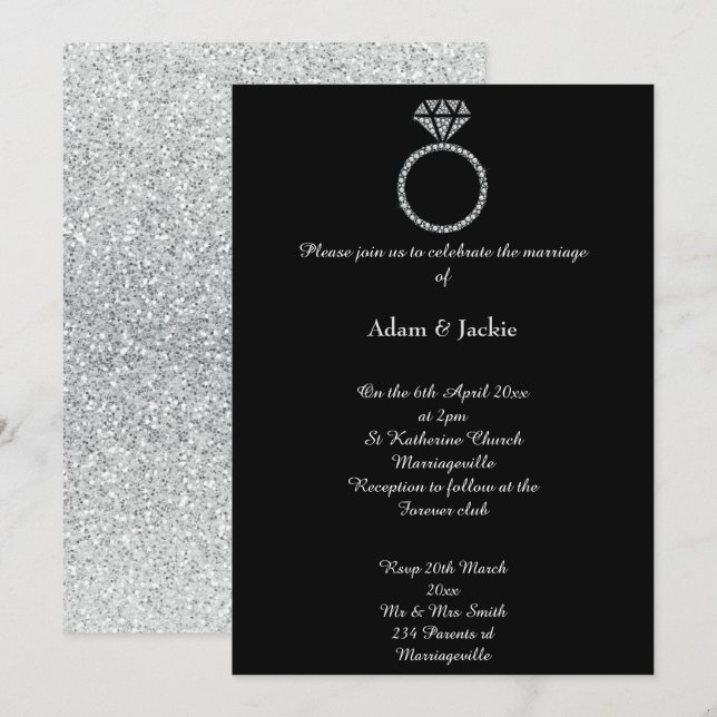 Invitation Mariage de Parties scintillant noire Luxe Diamond  (Devant / Derrière)