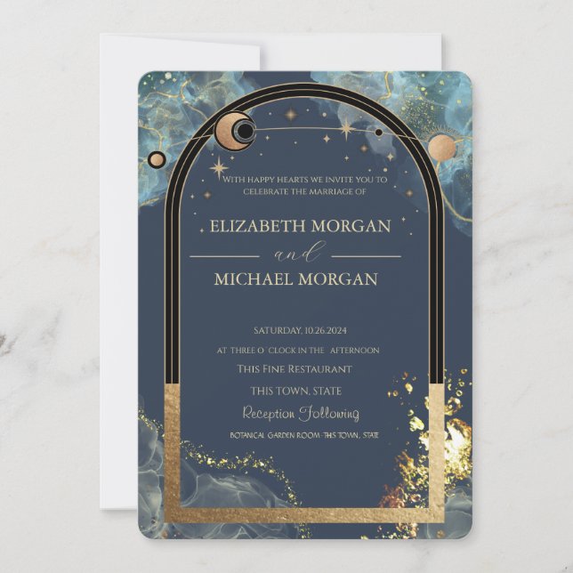 Invitation Mariage de Parties scintillant or céleste Sun Moon (Devant)