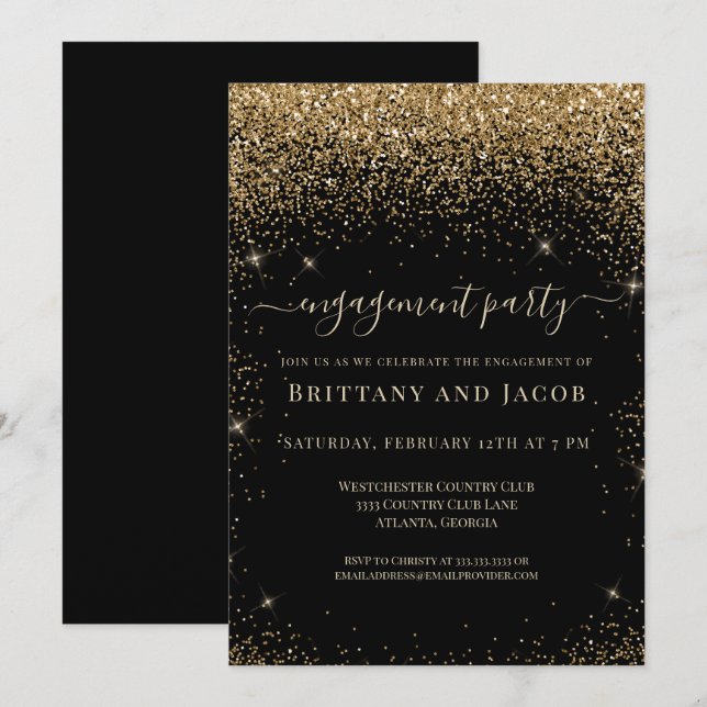 Invitation Mariage de Parties scintillant or Fiançailles Blac (Devant / Derrière)