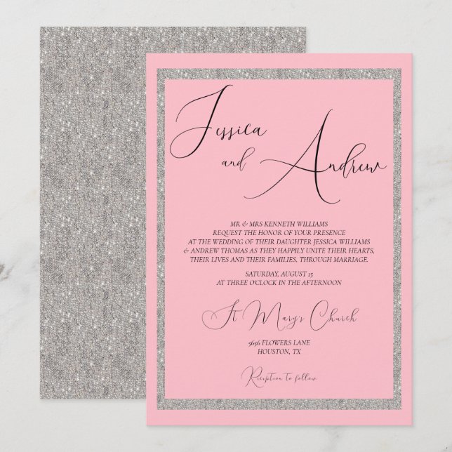 Invitation Mariage de Parties scintillant romantique Dusty ro (Devant / Derrière)
