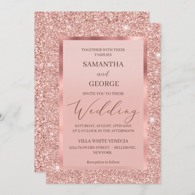 Invitation Mariage de Parties scintillant rose Gold (Devant / Derrière)
