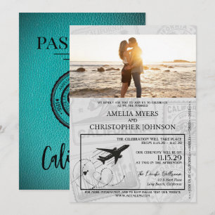 Invitation Mariage de passeport de Californie turquoise