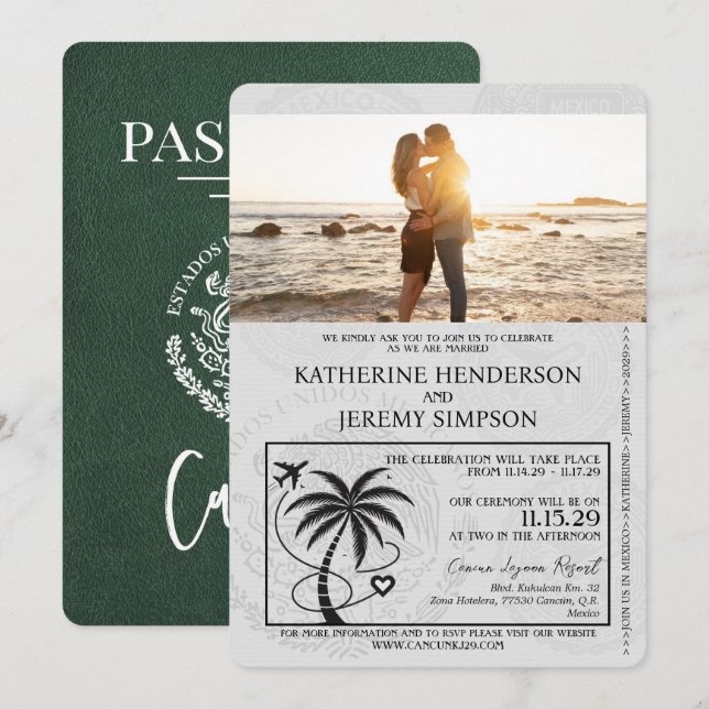 Invitation Mariage de passeport de Cancun vert (Devant / Derrière)