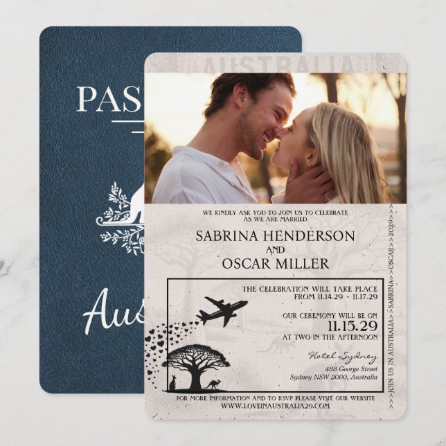 Invitation Mariage de passeport de la Marine Blue Australia (Devant / Derrière)