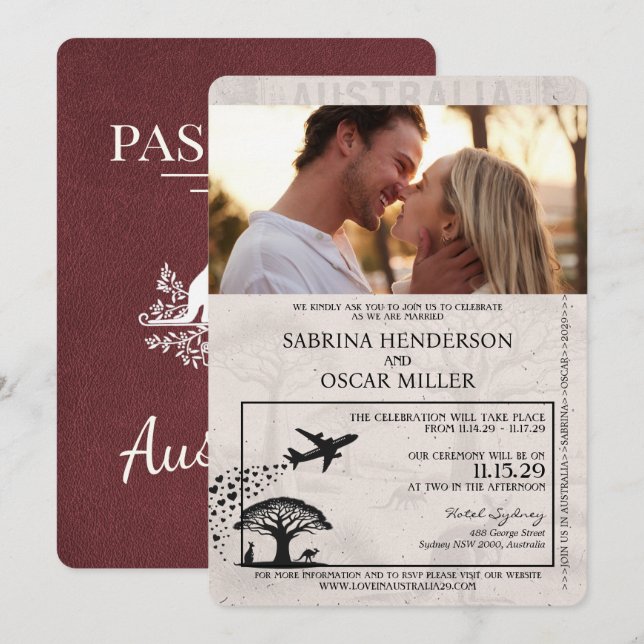Invitation Mariage de passeport de l'Australie Bourgogne (Devant / Derrière)