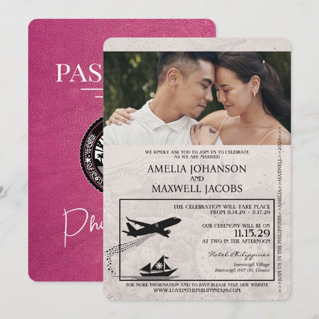 Invitation Mariage de passeport des Philippines rose Magenta (Devant / Derrière)