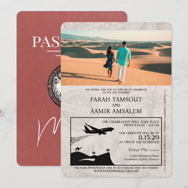 Invitation Mariage de passeport du Maroc en Bourgogne légère (Devant / Derrière)