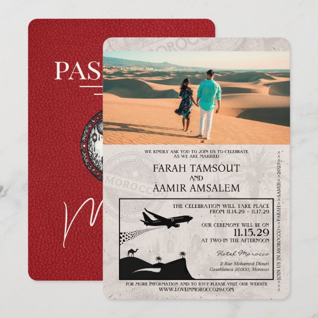Invitation Mariage de passeport du Maroc rouge (Devant / Derrière)