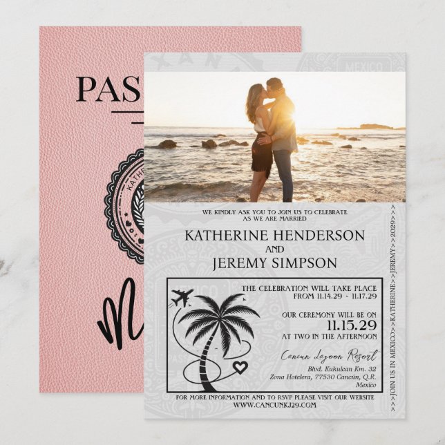 Invitation Mariage de passeport du Mexique rose (Devant / Derrière)
