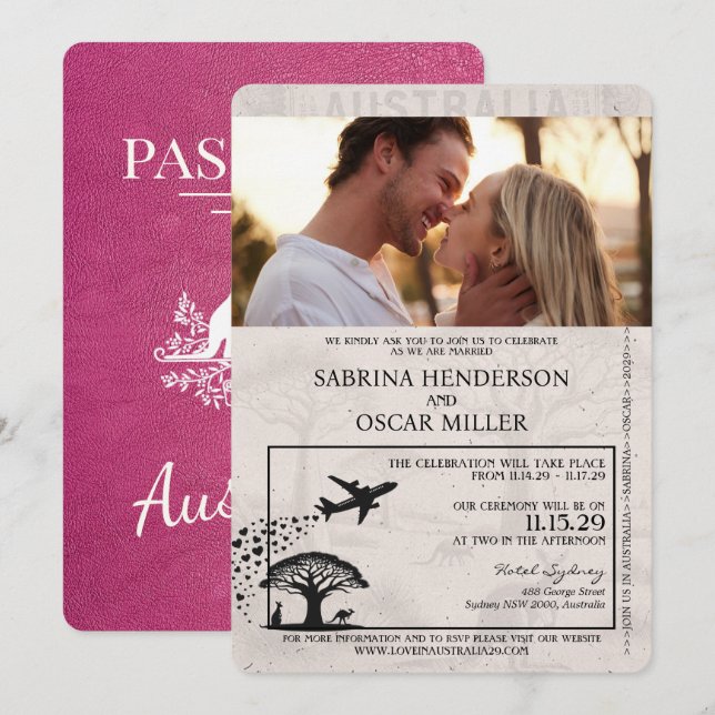 Invitation Mariage de passeport Magenta Pink Australie (Devant / Derrière)