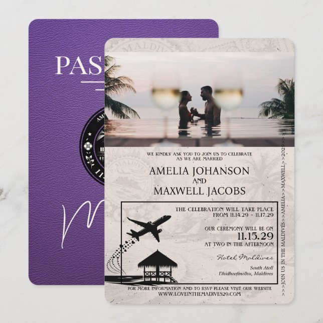 Invitation Mariage de passeport mauve Maldives (Devant / Derrière)