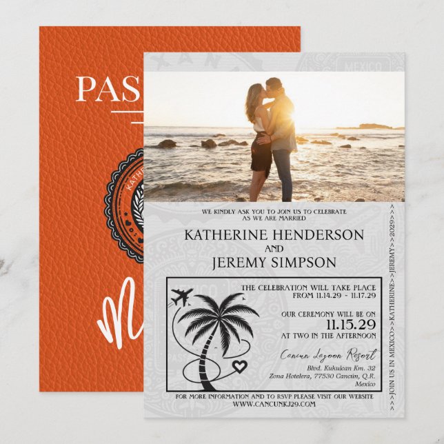 Invitation Mariage de passeport Orange Mexique (Devant / Derrière)