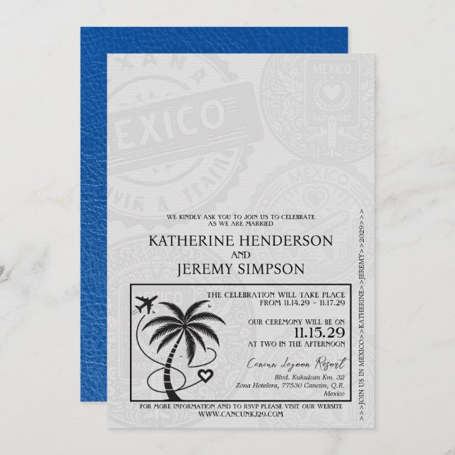 Invitation Mariage de passeport Royal Blue Mexico (Devant / Derrière)