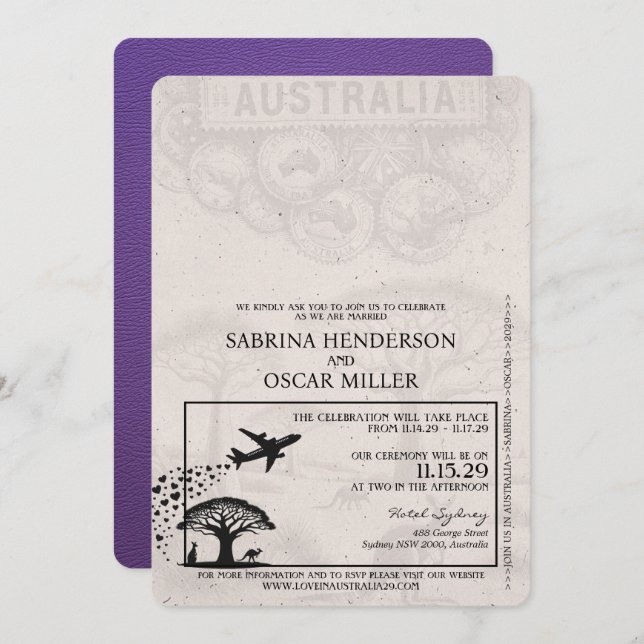 Invitation Mariage de passeport violet Australie (Devant / Derrière)