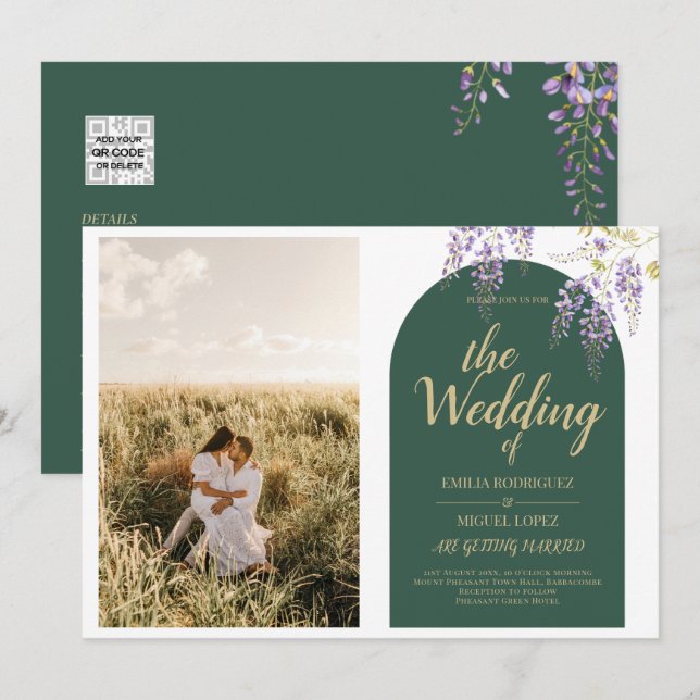 Invitation Mariage de PHOTO tout-en-1 Budget Wisteria QR Code (Devant / Derrière)