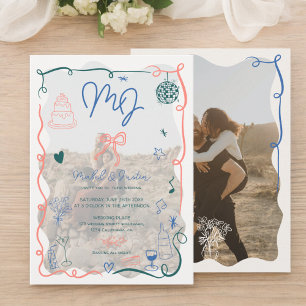 Invitation Mariage de photos illustrées retro initial dessiné