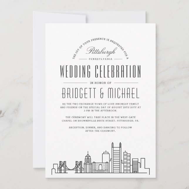 Invitation Mariage de Pittsburgh | Ligne Skyline Déco Moderne (Devant)