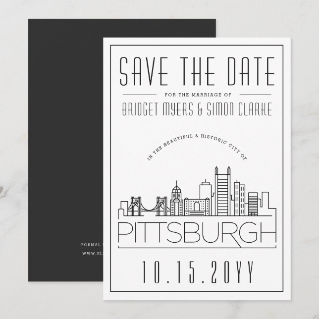 Invitation Mariage de Pittsburgh |Ligne Skyline stylisée Enre (Devant / Derrière)