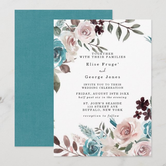 Invitation Mariage de pivoine rose botanique et Turquoise aqu (Devant / Derrière)