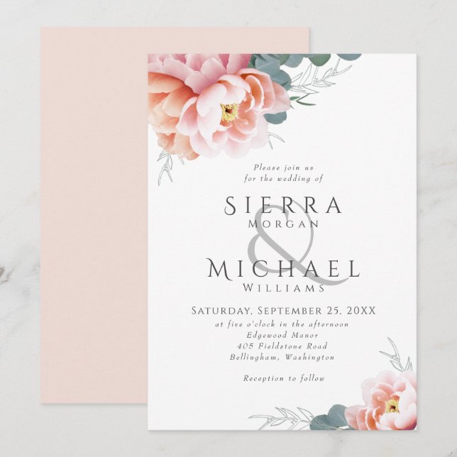 Invitation Mariage de pivoine rose rose rose rose flou modern (Devant / Derrière)