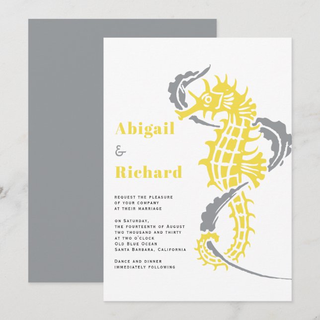 Invitation Mariage de plage à cheval, algues jaunes et gris (Devant / Derrière)
