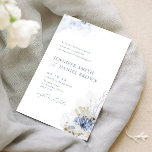 Invitation Mariage de plage au corail aquarelle bleue et coqu