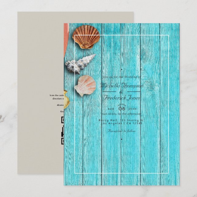 Invitation Mariage de plage avec code QR RSVP Turquoise Rusti (Devant / Derrière)