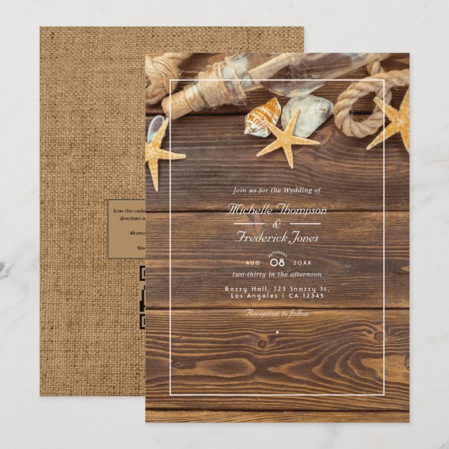 Invitation Mariage de plage avec QR Code RSVP rustique (Devant / Derrière)