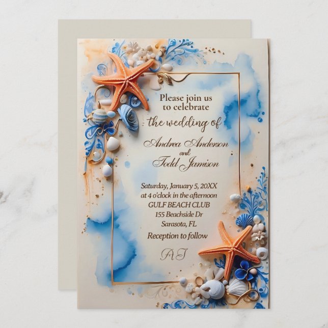 Invitation Mariage de plage bleu Cobalt (Devant / Derrière)