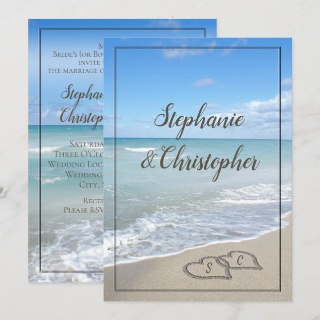 Invitation Mariage de plage Coeurs Monogrammes dans le sable (Devant / Derrière)