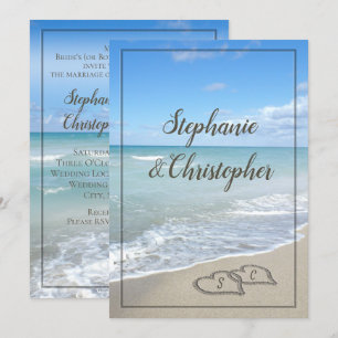 Invitation Mariage de plage Coeurs Monogrammes dans le sable