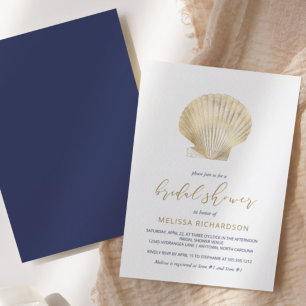 Invitation Mariage de plage coquillage doré sur fond bleu mar