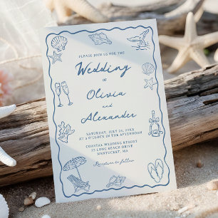 Invitation Mariage de plage côtier fantaisiste dessiné à la m