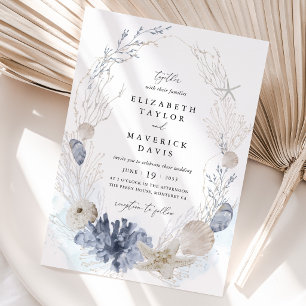 Invitation Mariage de plage côtière aux coquillages bleus
