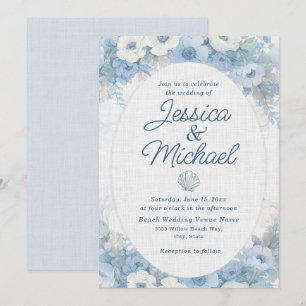 Invitation Mariage de plage côtière florale bleu blanc 