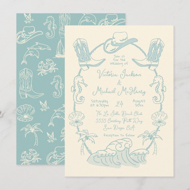 Invitation Mariage de plage de Cowboy sur la côte tropicale d (Devant / Derrière)