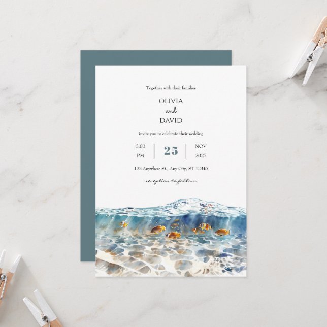 Invitation Mariage de plage de sable chatoyant de poissons tr (Devant/Arrière en situation)
