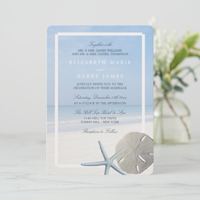 Invitation Mariage de plage de sable Dollar et Starfish (Debout devant)
