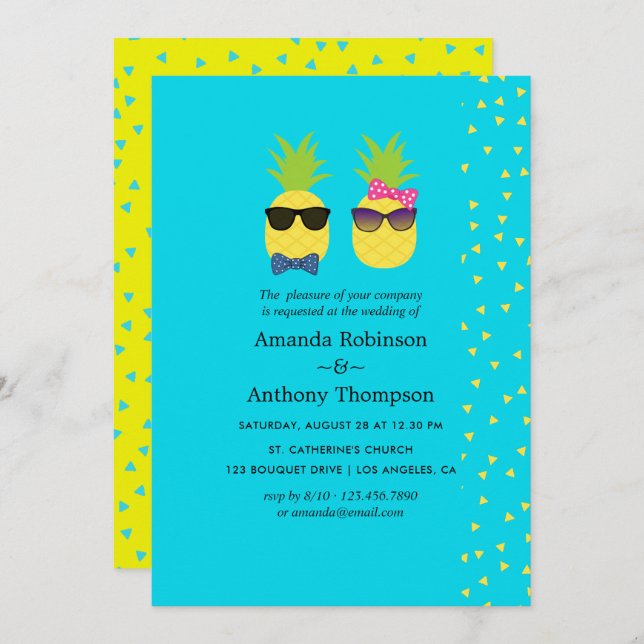 Invitation Mariage de plage d'été turquoise et jaune tropical (Devant / Derrière)