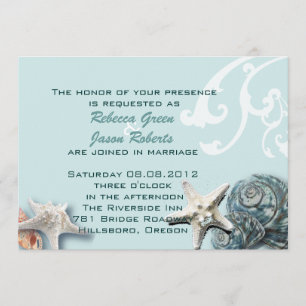 Invitation Mariage de plage élégant bois Coquillages Bleus