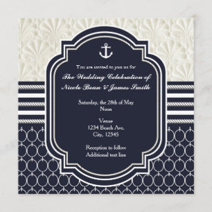 Invitation Mariage de plage élégant Nautique, marine et blanc