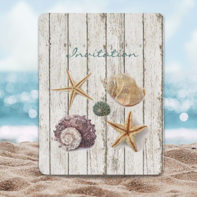 Invitation mariage de plage en bois côtier élégant (elegant coastal wood seashells beach wedding invitation)