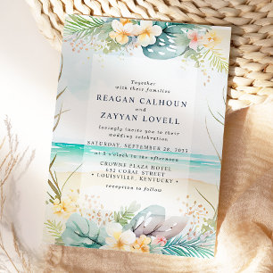 Invitation Mariage de plage floral à l'aquarelle sarcelle