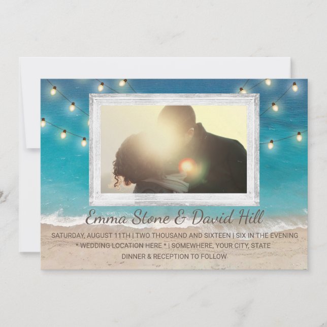 Invitation Mariage de plage lumières à cordes avec photo (Devant)