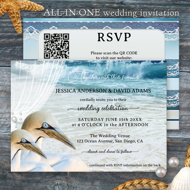 Invitation Mariage de plage moderne Gannets All-in-One (Beach or destination wedding invitation featuring two gannets - unique romantic invite)
