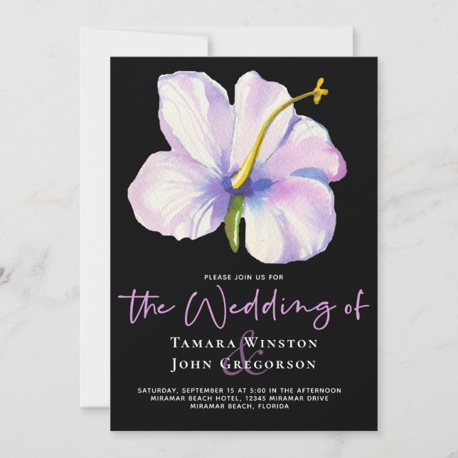 Invitation Mariage de plage noire tropicale blanche Florale v (Devant)