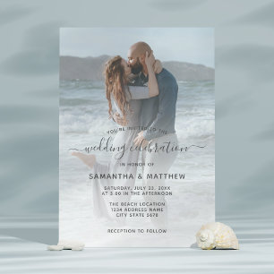 Invitation Mariage de plage photo de couple bleu poussiéreux 