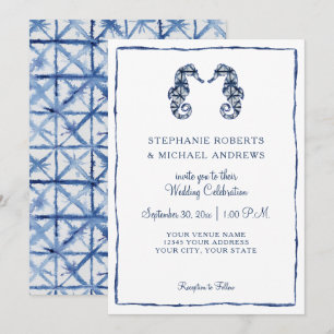 Invitation Mariage de plage Shibori Indigo Watercolor Seahors
