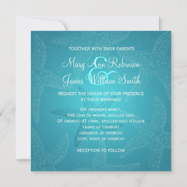 Invitation Mariage de plage Starfish Bleu (Dos)
