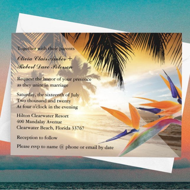 Invitation Mariage de plage Sunset Palm Trees Bird of Paradis (Créateur téléchargé)